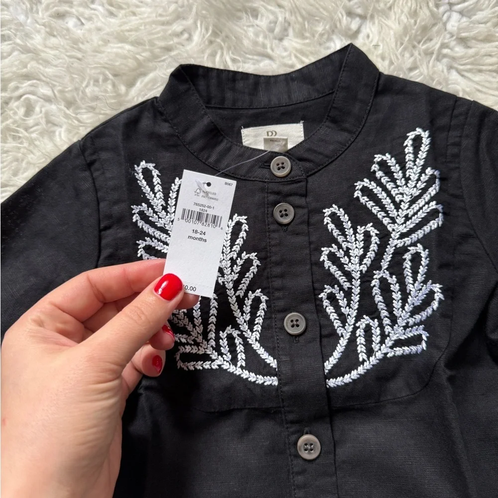 Black Button-Up Shirt with White Embroidery